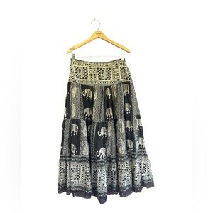 Vintage Ethnic Elephant Tiered Cotton A Line Midi Skirt SZ 8 Boho Hippie Indie